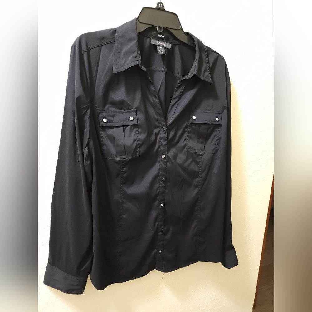 Style & Co. Silky Polyester Black Button-Up Shirt